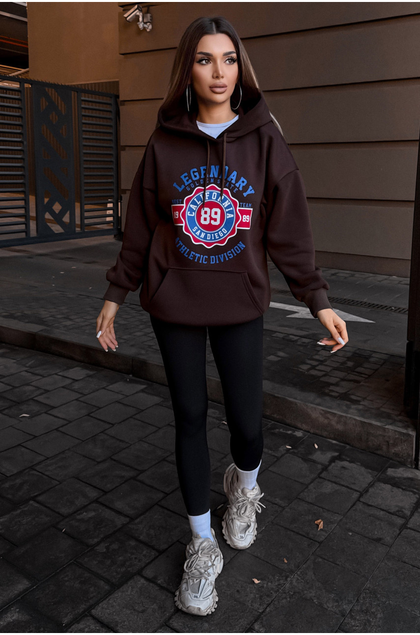 Худи женское на флисе тёмно-коричневого цвета с принтом 5011 209624