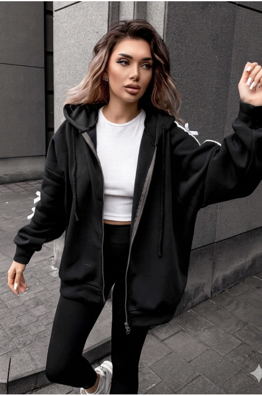 Худи женское полубатальное на флисе черного цвета 5008 209626