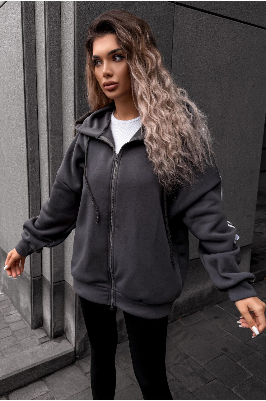 Худи женское полубатальное на флисе тёмно-серого цвета 5008 209627