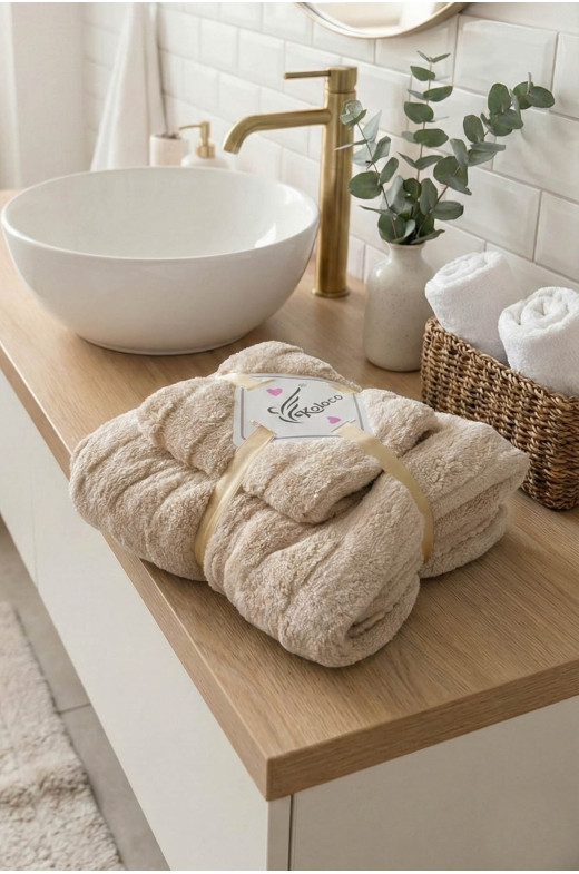 Набор однотонных полотенец из микрофибры банное+для лица светло-бежевого цвета 98-982 210118