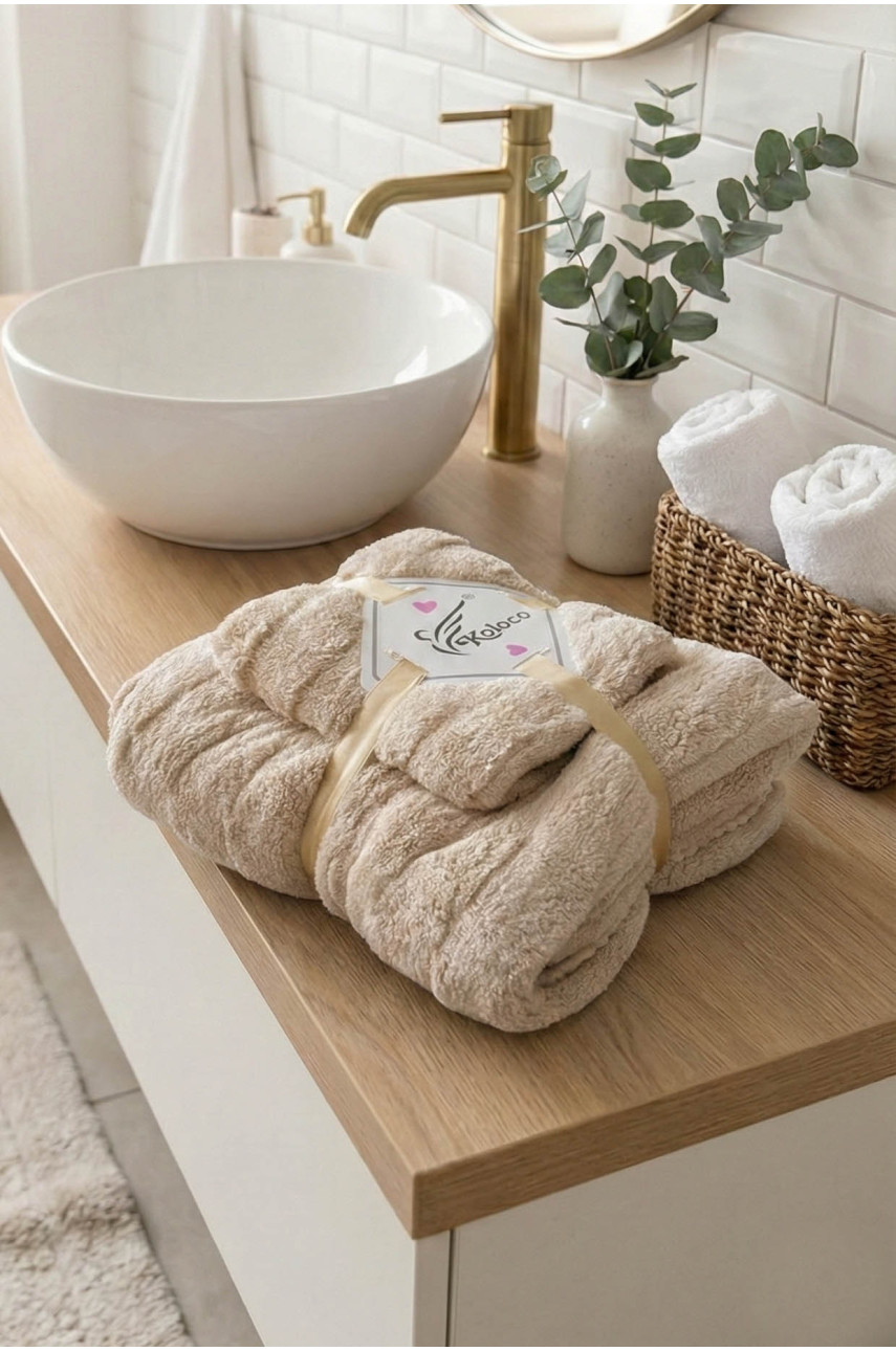 Набор однотонных полотенец из микрофибры банное+для лица светло-бежевого цвета 98-982 210118