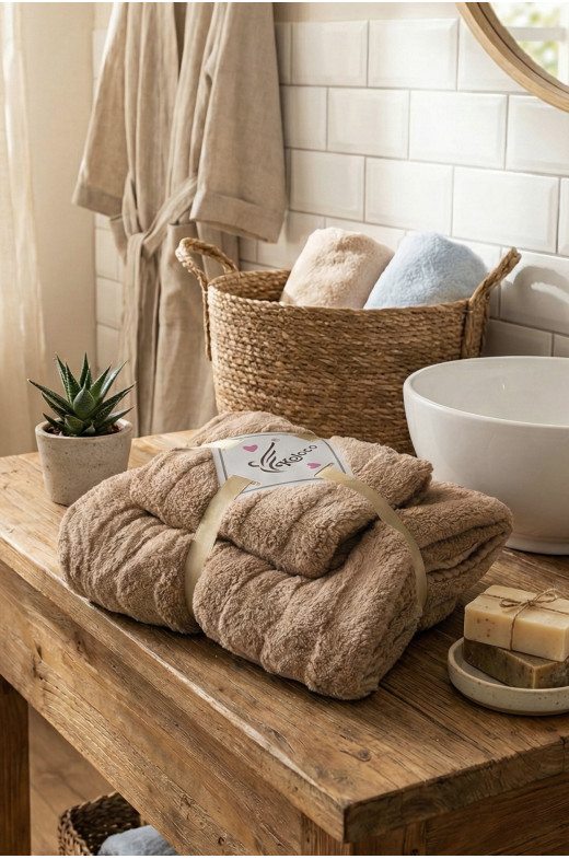 Набор однотонных полотенец из микрофибры банное+для лица бежевого цвета 98-982 210119