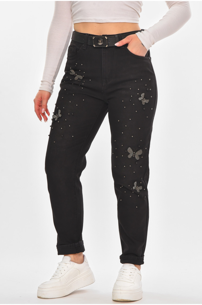 Джинси жіночі однотонні чорного кольору RE-6070 210137