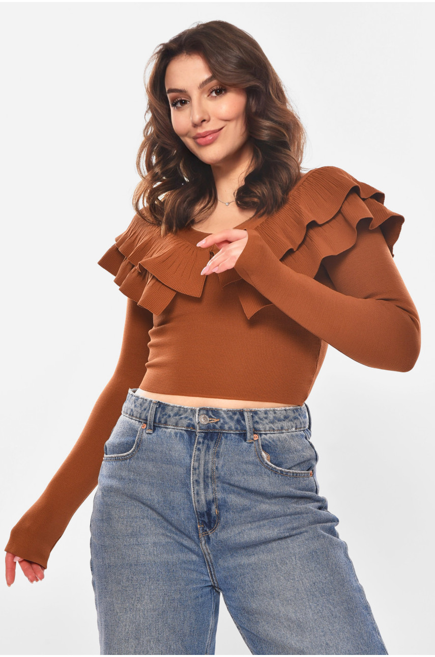 Кофта женская с рюшами однотонная коричневого цвета 7090 210178