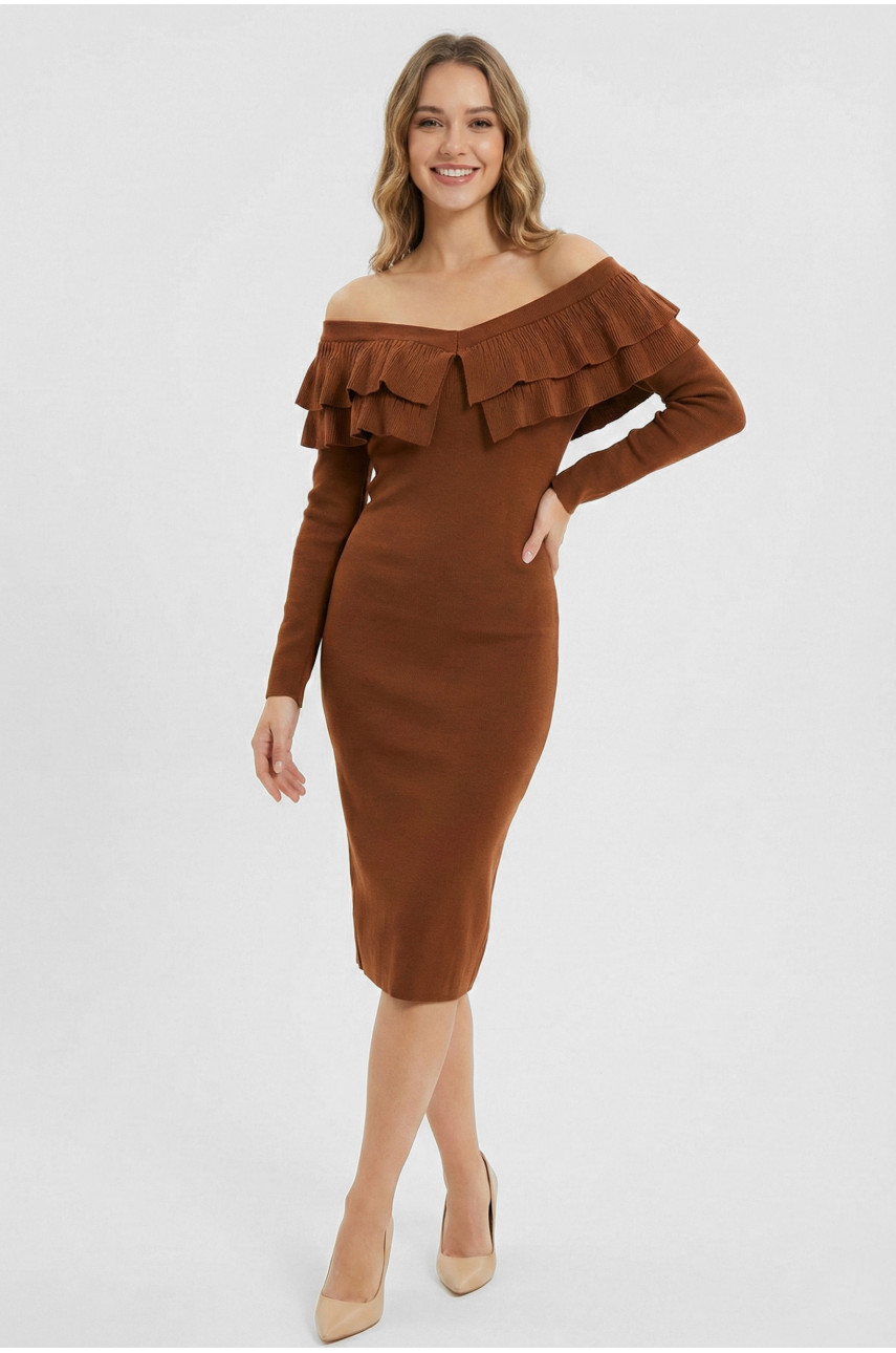 Сукня жіноча з рюшами коричневого кольору 7084 210209