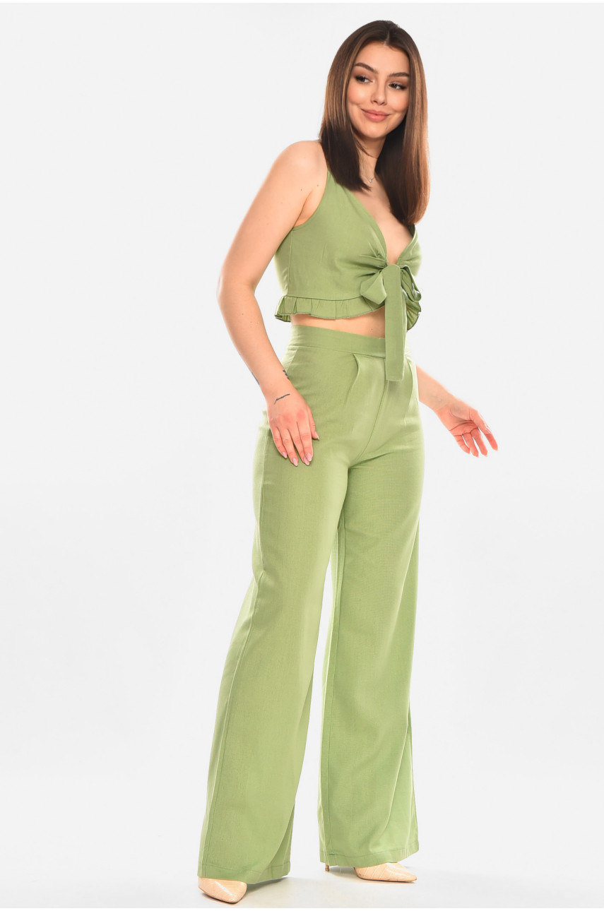 Костюм женский из льна однотонный оливкового цвета 5965 210271