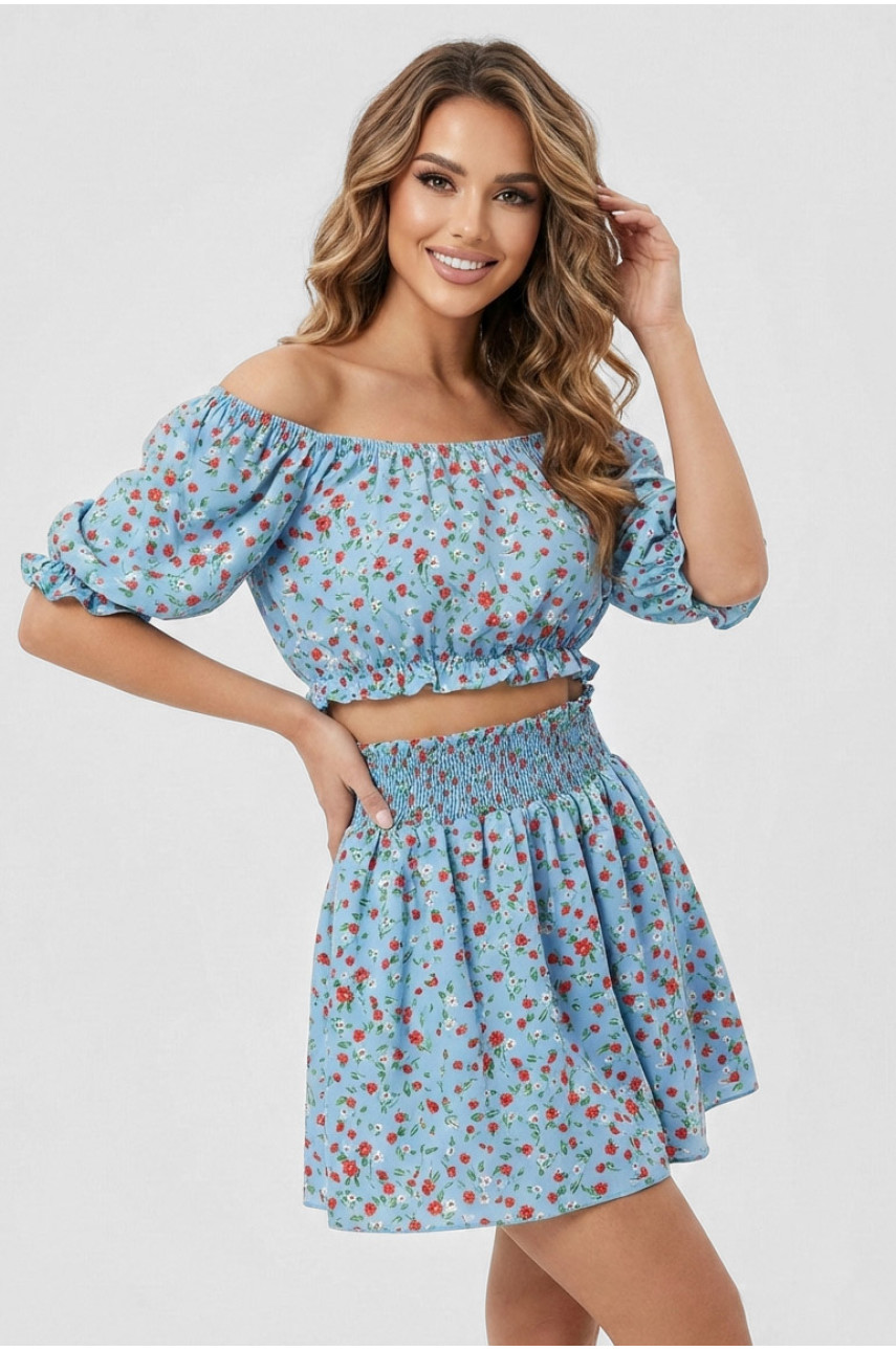 Костюм женский голубого цвета с цветочным принтом 6410 210286