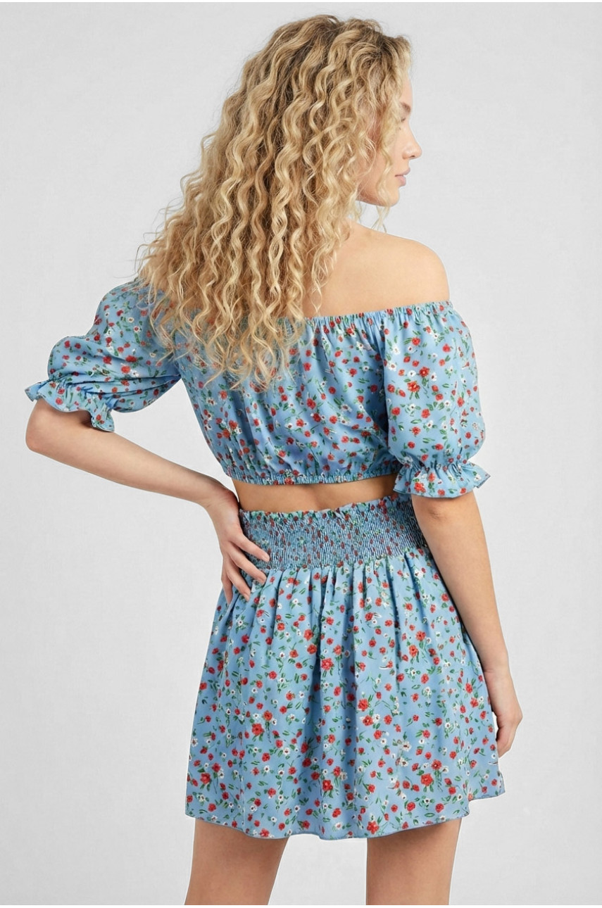 Костюм женский голубого цвета с цветочным принтом 6410 210286