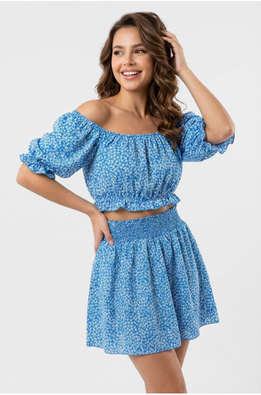 Костюм женский голубого цвета с цветочным принтом 6409 210287