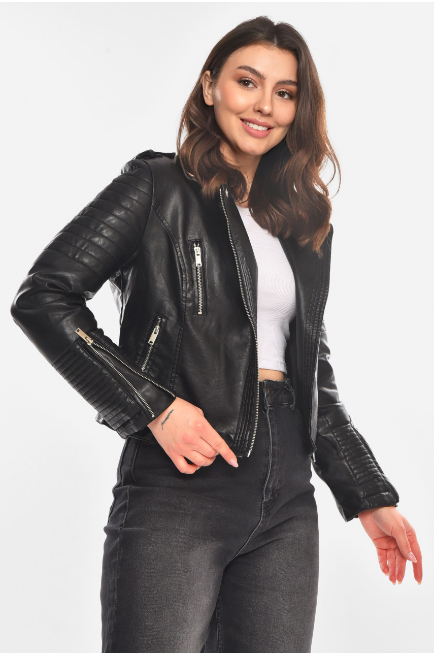 Куртка-косуха жіноча з екошкіри чорного кольору 1904-2 210847