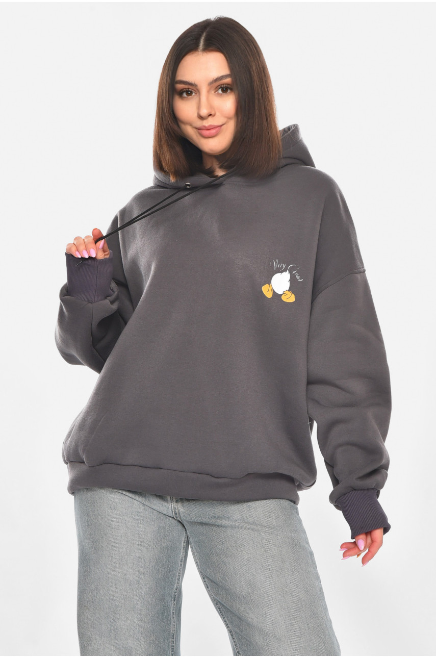Худи женское на флисе тёмно-серого цвета с принтом 001 211059