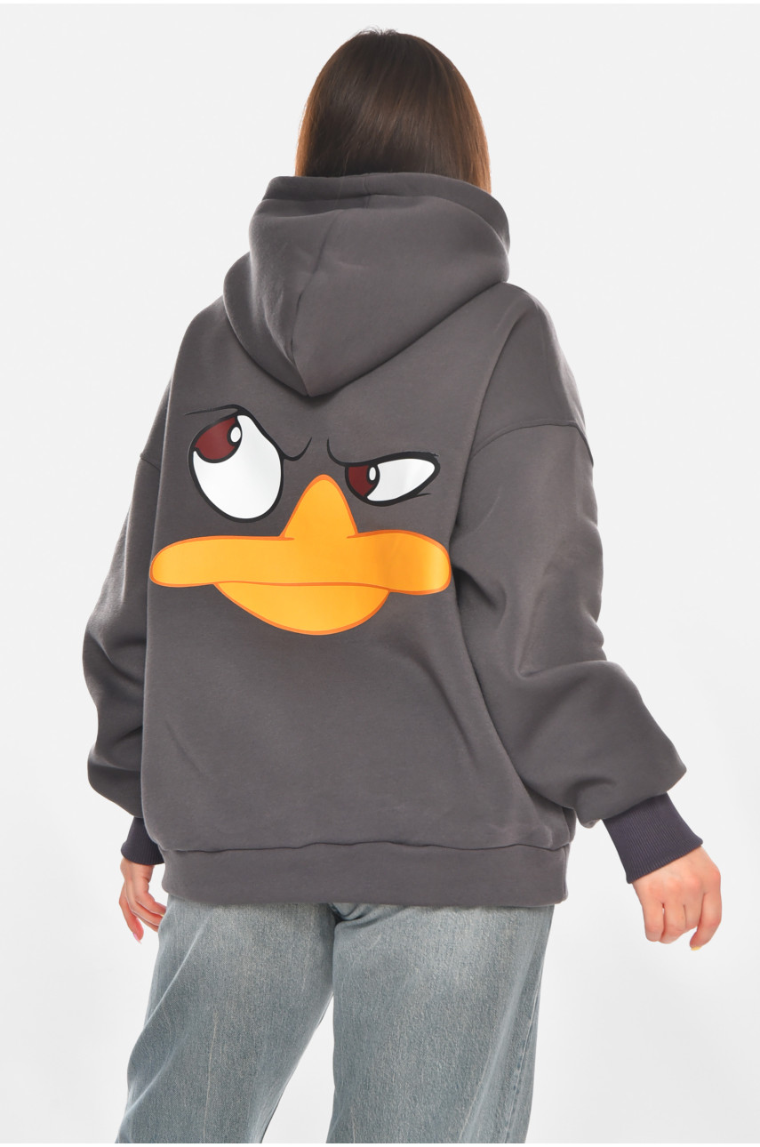 Худи женское на флисе тёмно-серого цвета с принтом 001 211059