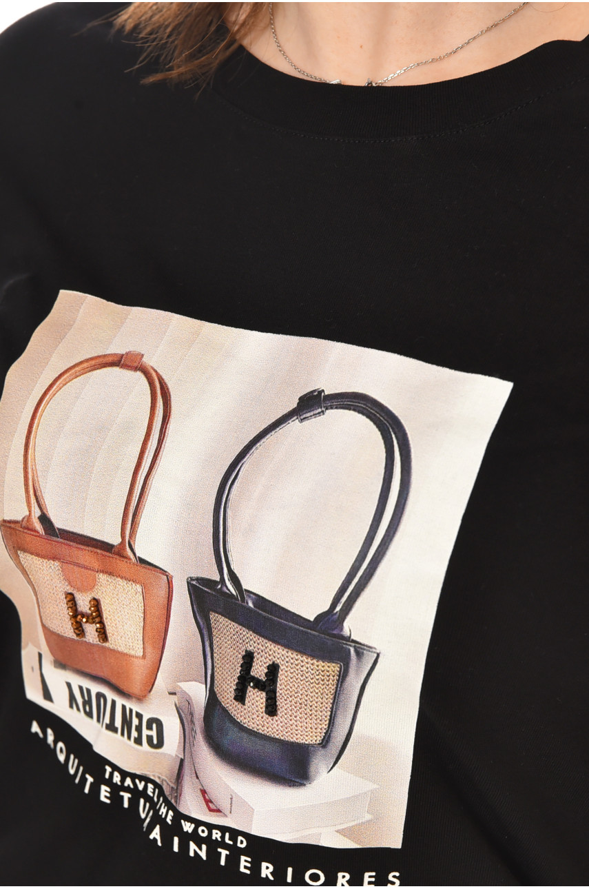 Футболка жіноча чорного кольору з принтом 211163 Футболка жіноча чорного кольору з принтом 211163