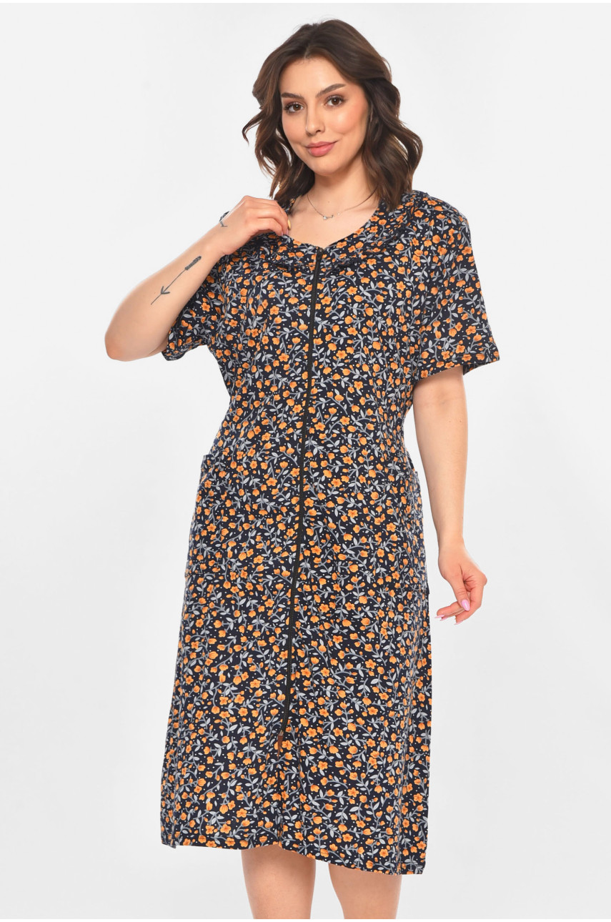 Халат женский полубатальный тёмно-синего цвета с принтом AN-3081 211315