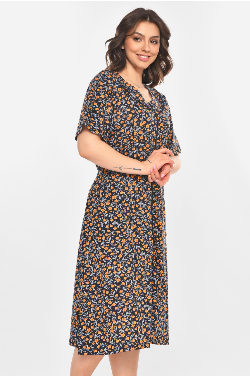 Халат женский полубатальный тёмно-синего цвета с принтом AN-3081 211315