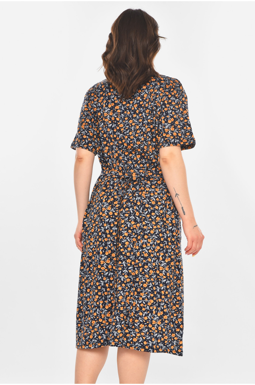 Халат женский полубатальный тёмно-синего цвета с принтом AN-3081 211315 Халат женский полубатальный тёмно-синего цвета с принтом AN-3081 211315