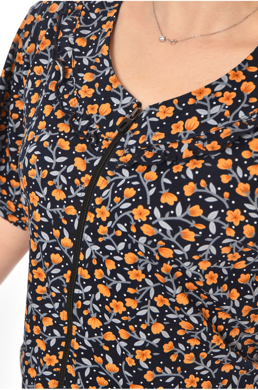 Халат женский полубатальный тёмно-синего цвета с принтом AN-3081 211315 Халат женский полубатальный тёмно-синего цвета с принтом AN-3081 211315