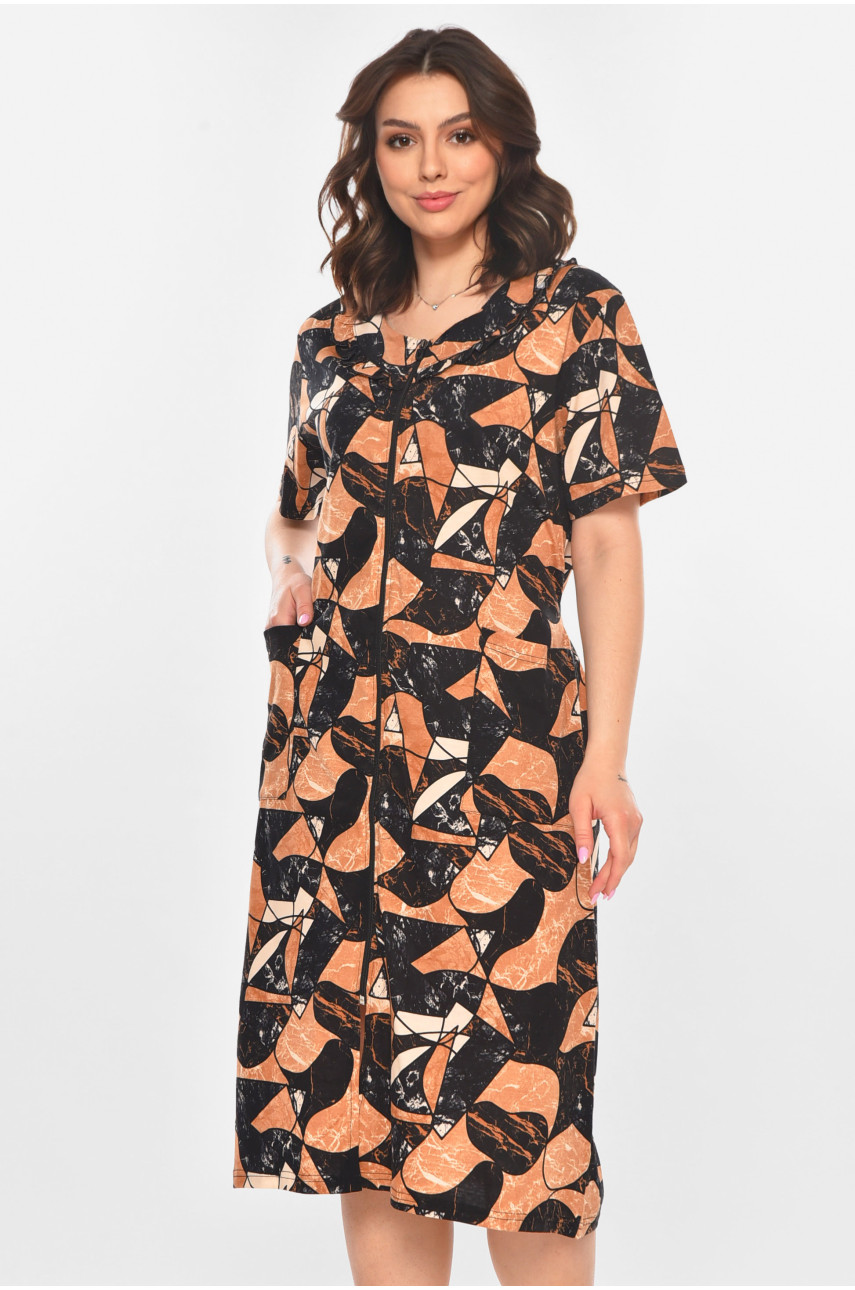 Халат женский полубатальный коричневого цвета с принтом AN-3081 211317