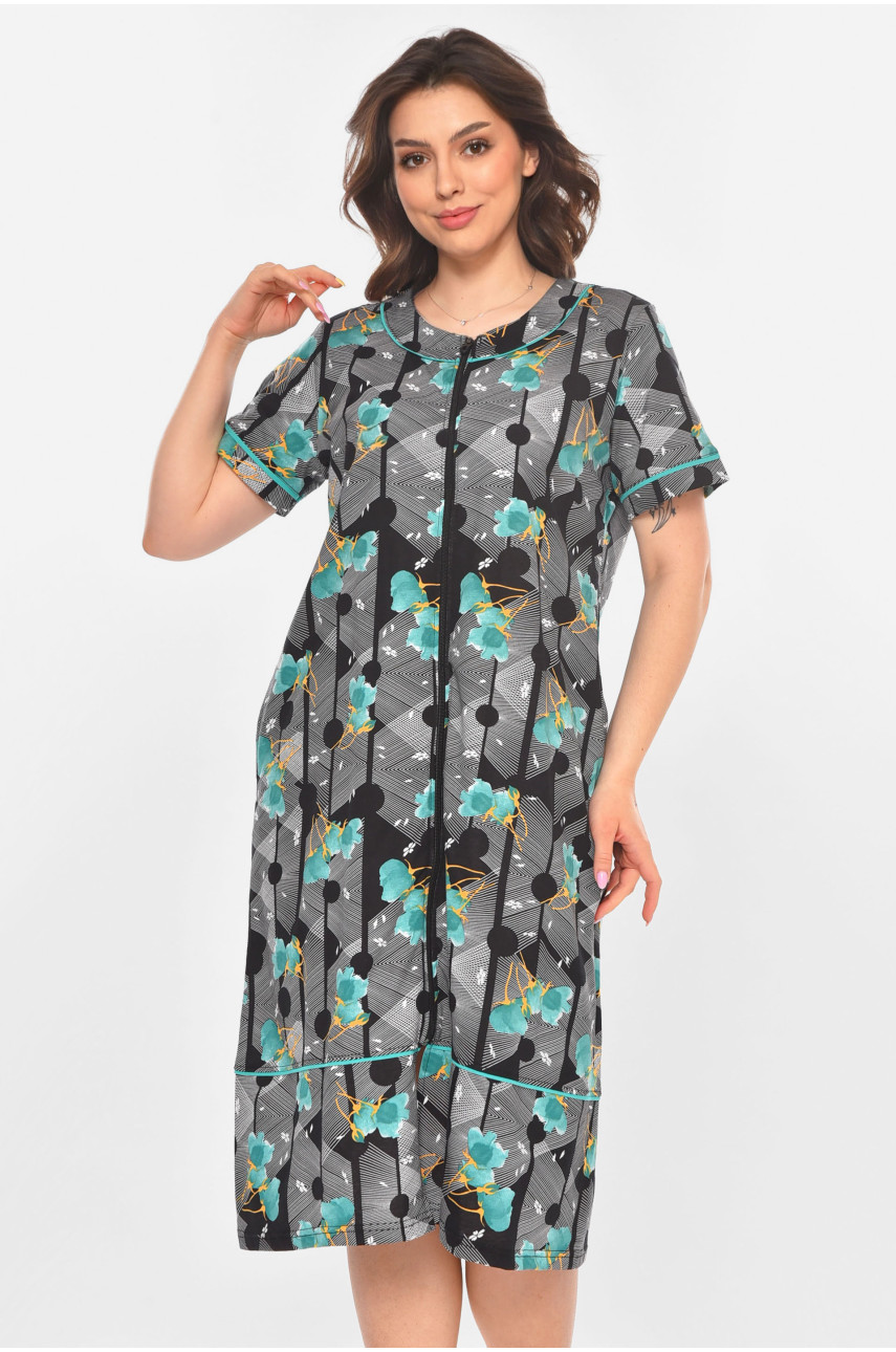 Халат женский полубатальный черного цвета с принтом AN-3387 211322