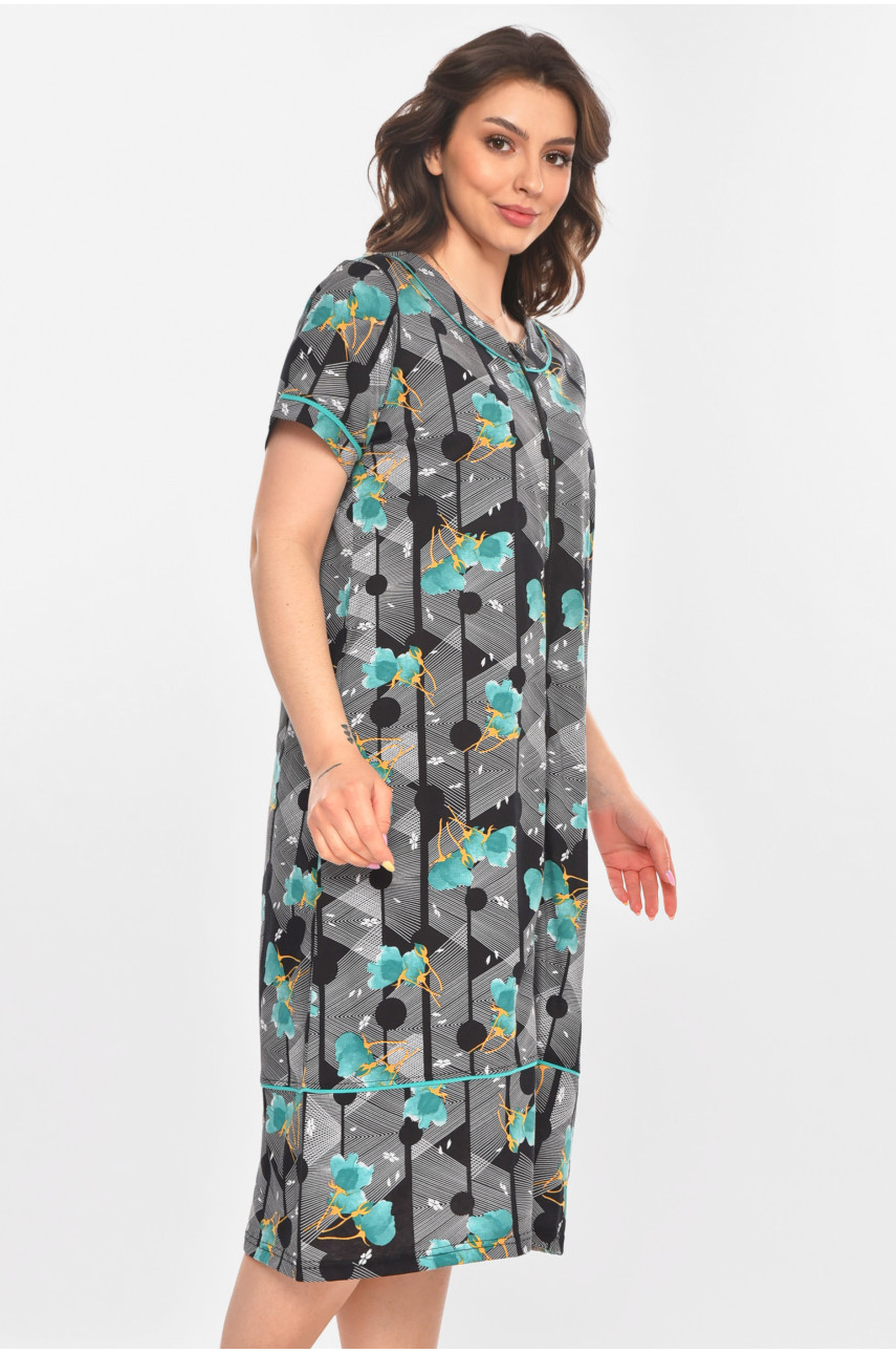 Халат женский полубатальный черного цвета с принтом AN-3387 211322