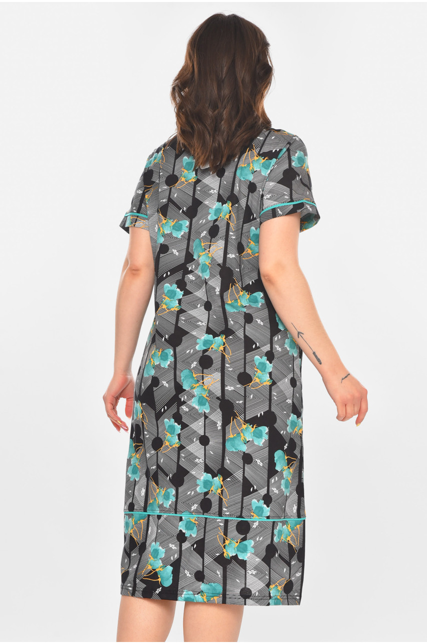 Халат женский полубатальный черного цвета с принтом AN-3387 211322