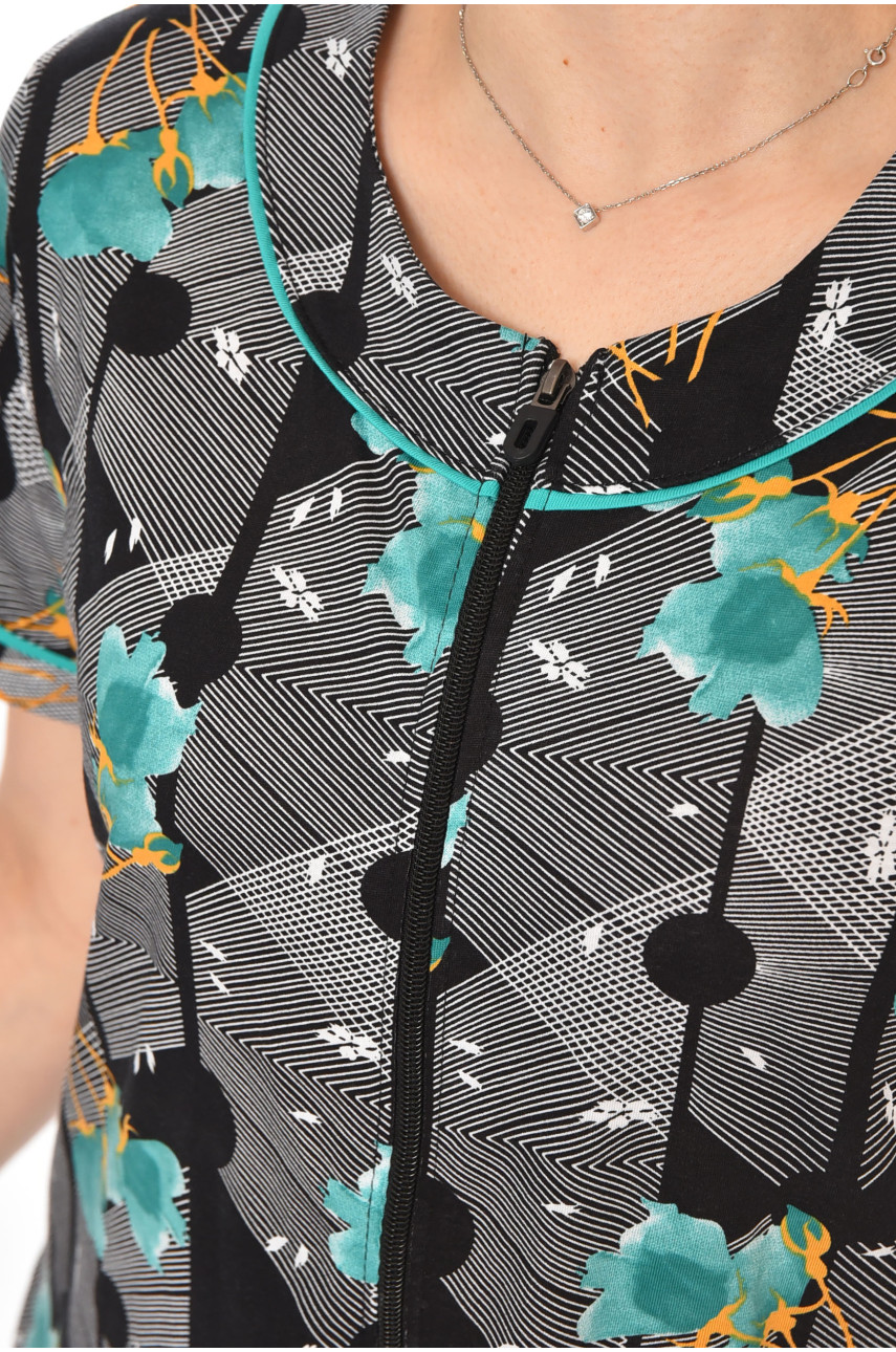 Халат женский полубатальный черного цвета с принтом AN-3387 211322