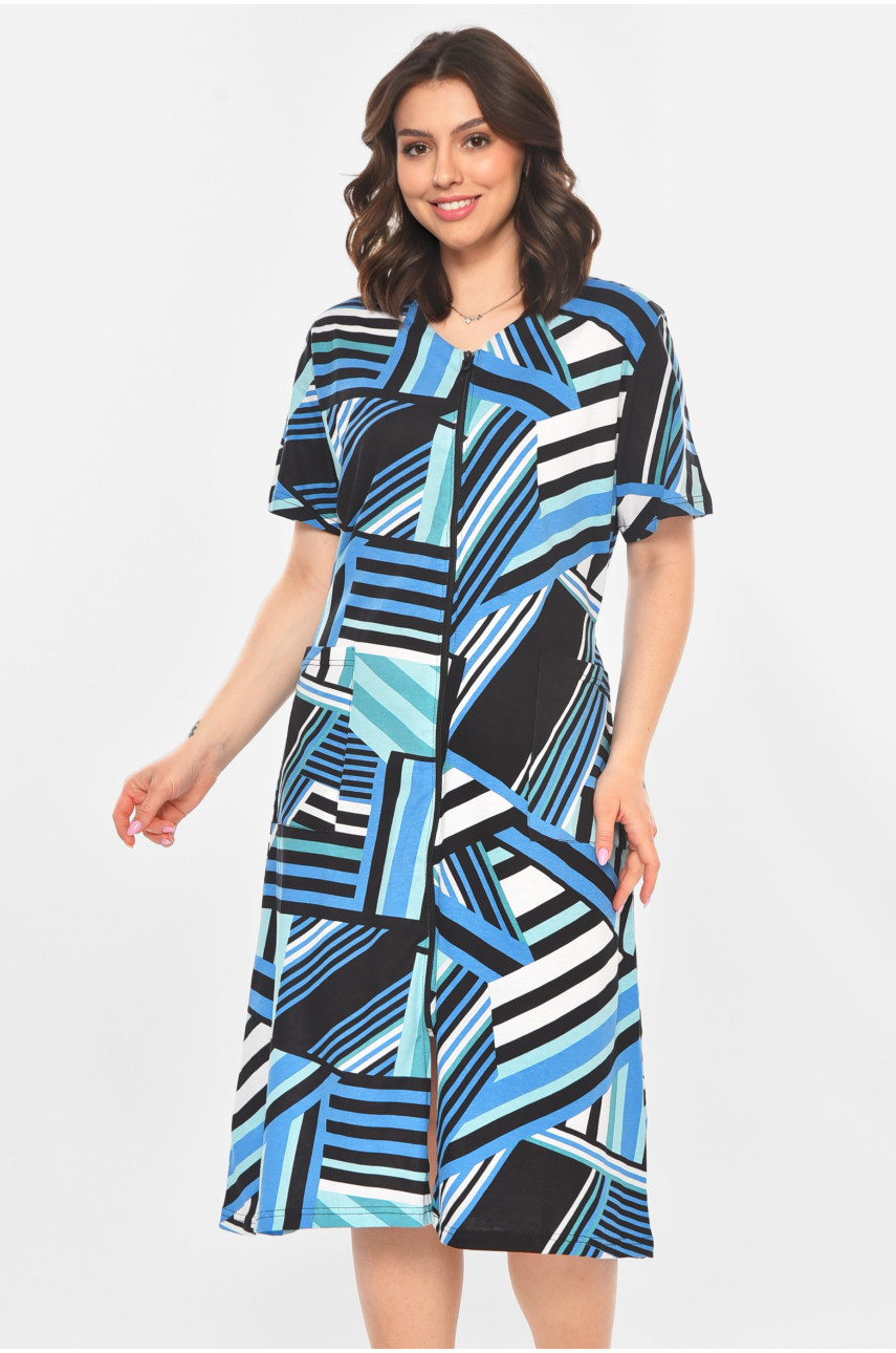 Халат женский полубатальный черного цвета с принтом AN-3050 211329