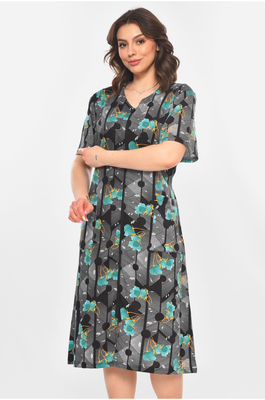 Халат женский полубатальный черного цвета с принтом AN-3050 211331