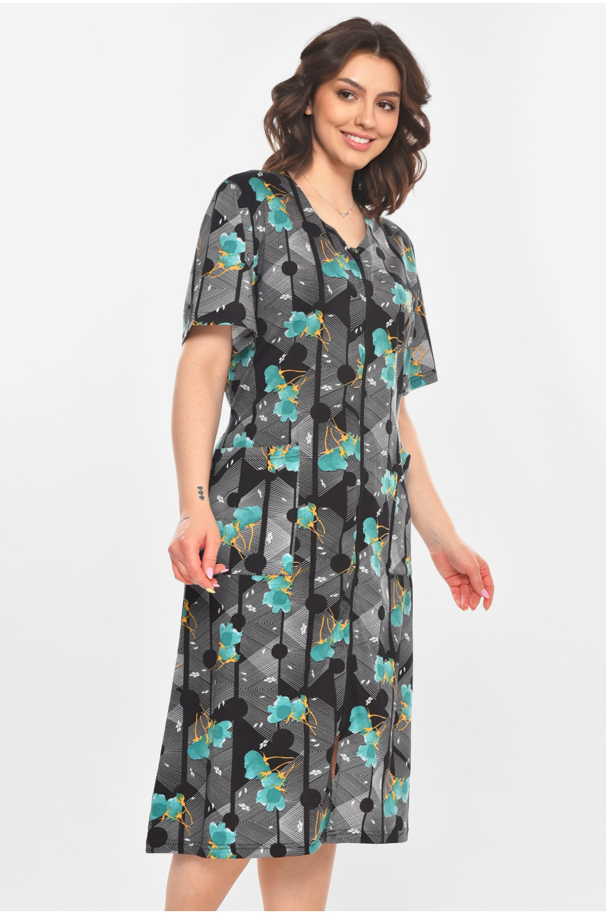 Халат женский полубатальный черного цвета с принтом AN-3050 211331