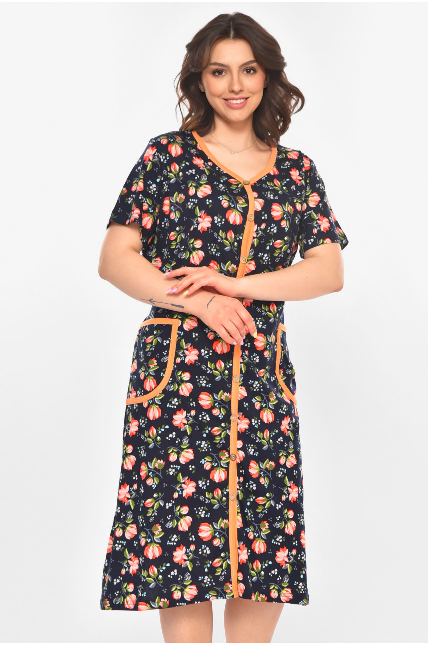 Халат женский полубатальный тёмно-синего цвета с принтом AN-3040 211345