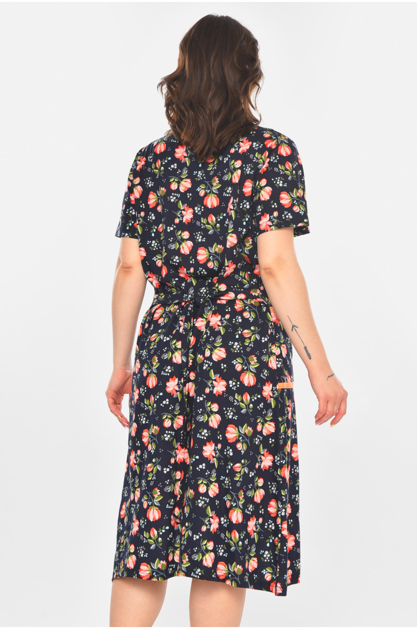 Халат женский полубатальный тёмно-синего цвета с принтом AN-3040 211345 Халат женский полубатальный тёмно-синего цвета с принтом AN-3040 211345