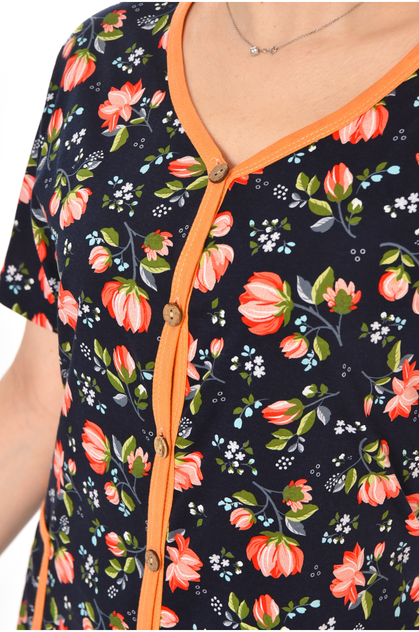 Халат женский полубатальный тёмно-синего цвета с принтом AN-3040 211345 Халат женский полубатальный тёмно-синего цвета с принтом AN-3040 211345