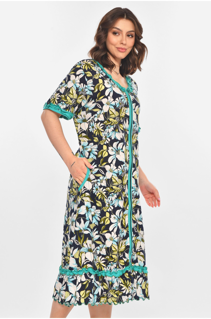 Халат женский полубатальный тёмно-синего цвета с принтом AN-3110 211348