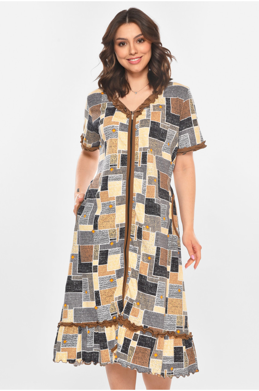 Халат женский полубатальный коричневого цвета с принтом AN-3110 211351