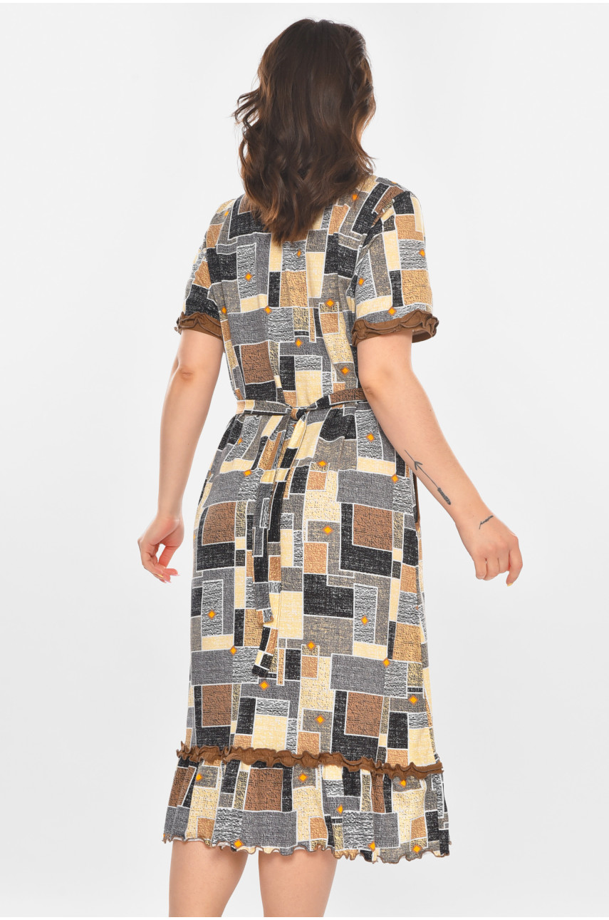 Халат женский полубатальный коричневого цвета с принтом AN-3110 211351