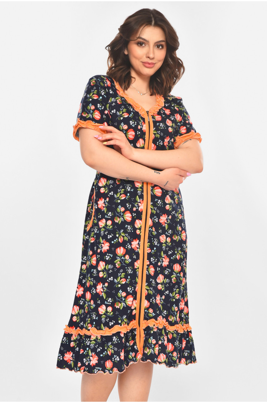 Халат женский полубатальный тёмно-синего цвета с принтом AN-3110 211353