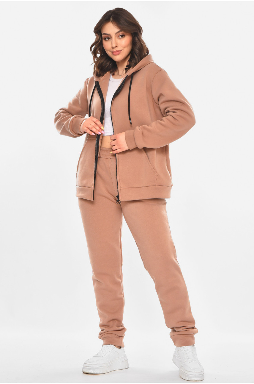 Спортивний костюм жіночий однотонний на флісі бежевого кольору 211380