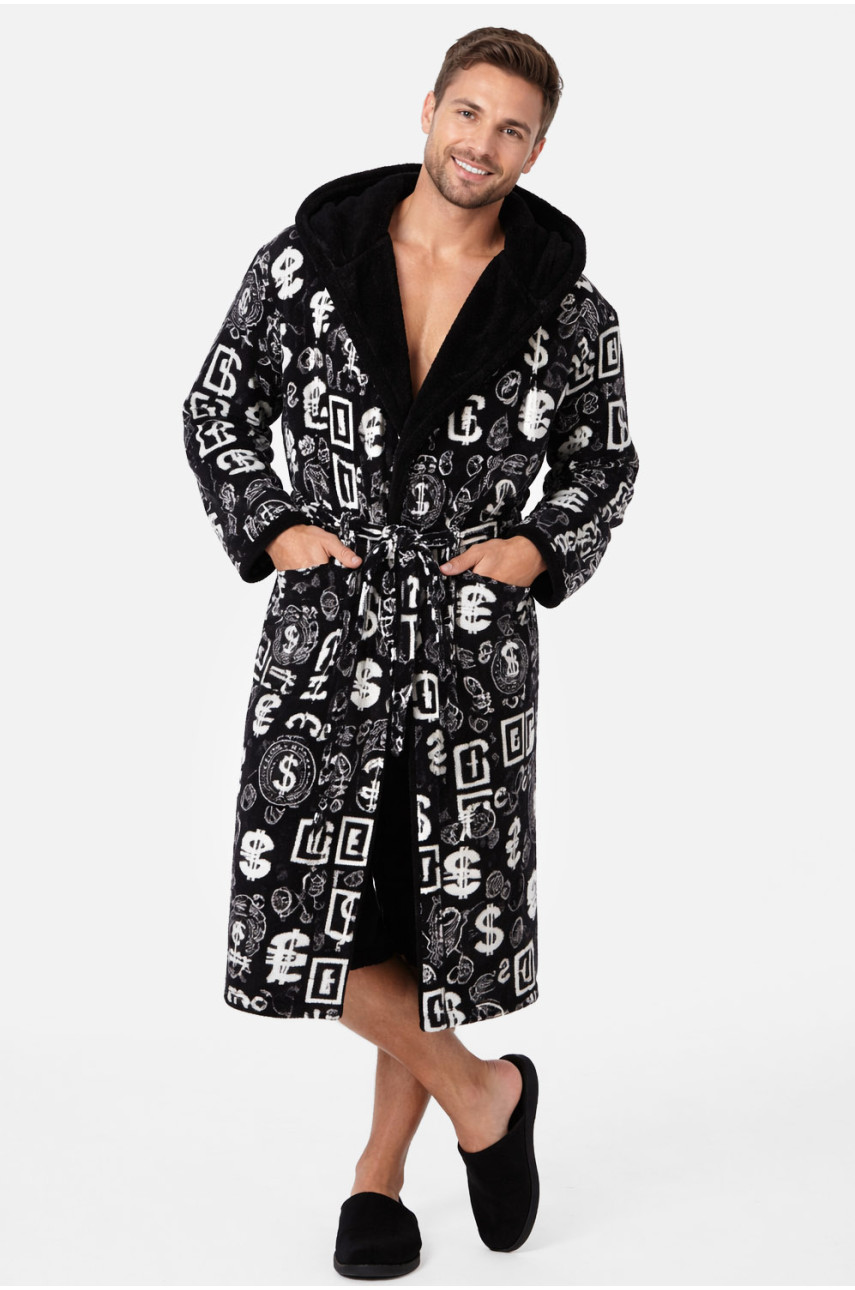 Халат мужской махровый черного цвета с принтом 212105