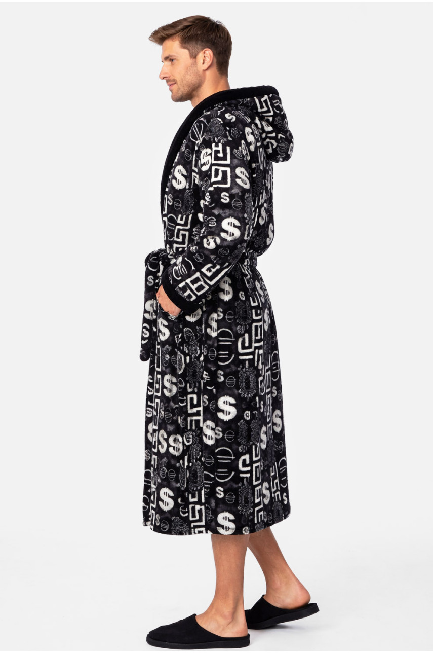 Халат мужской махровый черного цвета с принтом 212105