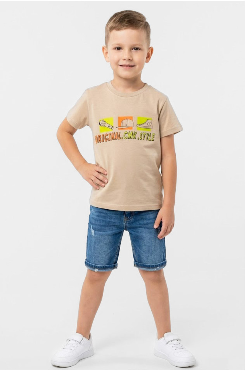 Футболка детская для мальчика бежевого цвета с принтом 212210