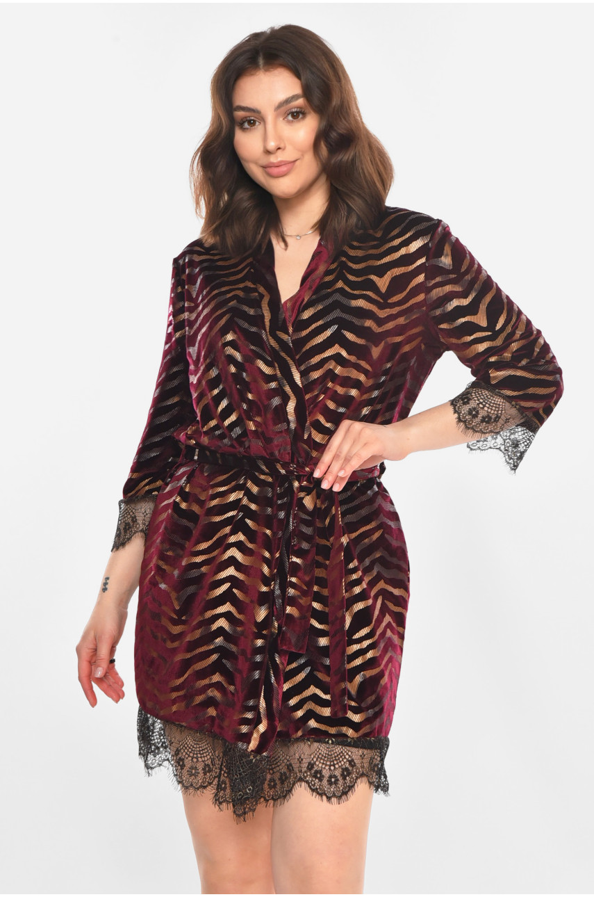 Халат женский велюровый бордового цвета с принтом М60 212231