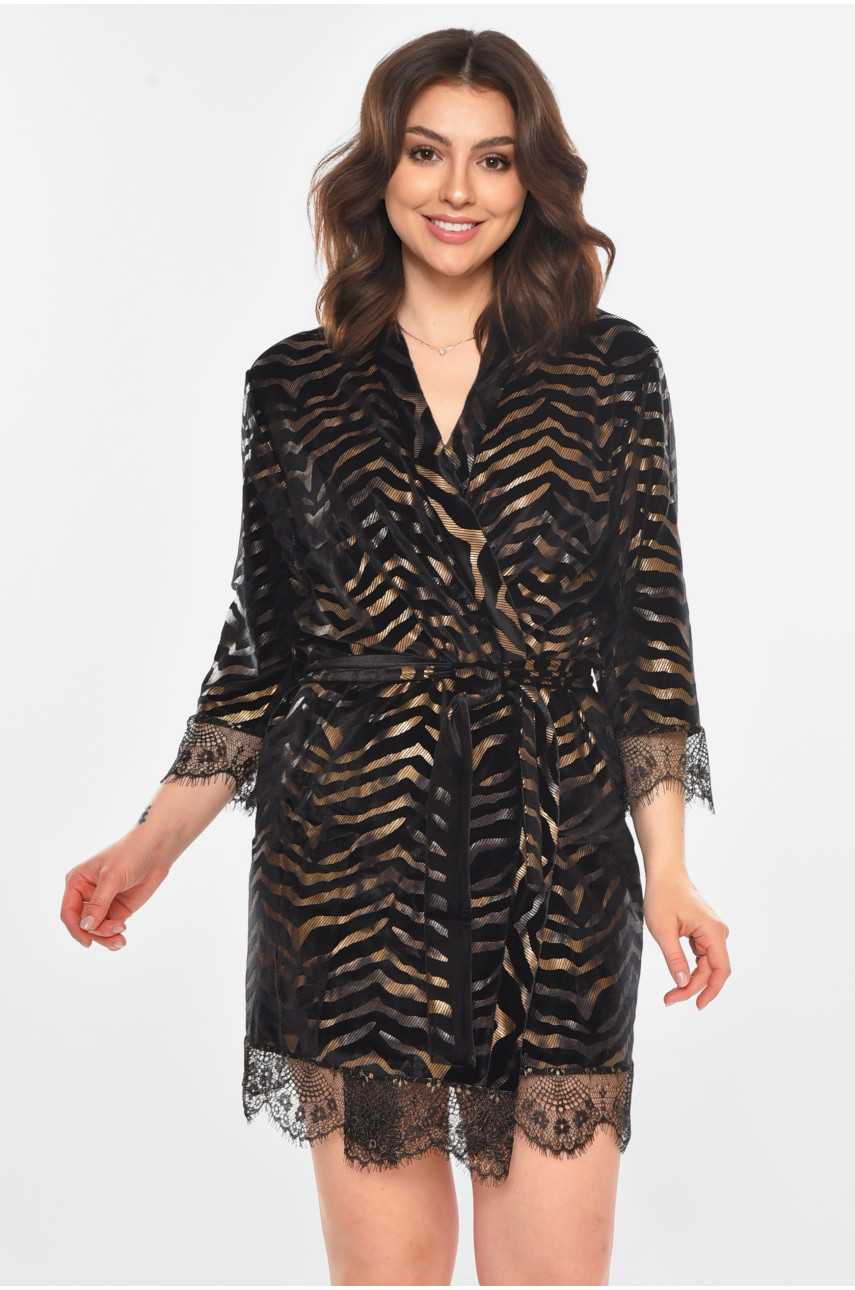 Халат женский велюровый черного цвета с принтом М60 212232