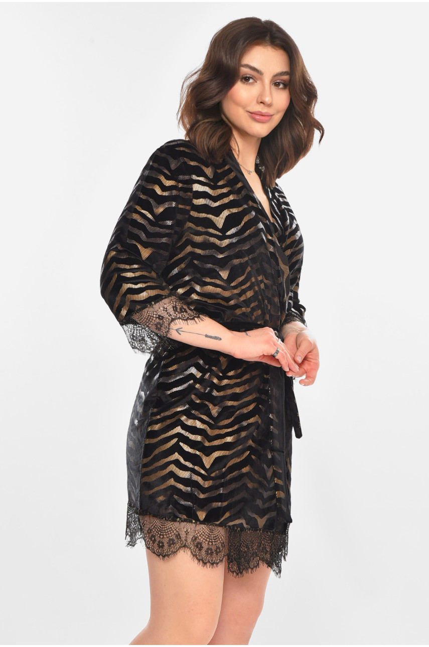 Халат женский велюровый черного цвета с принтом М60 212232