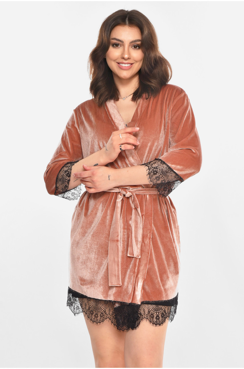 Халат женский велюровый персикового цвета М08/1 212235