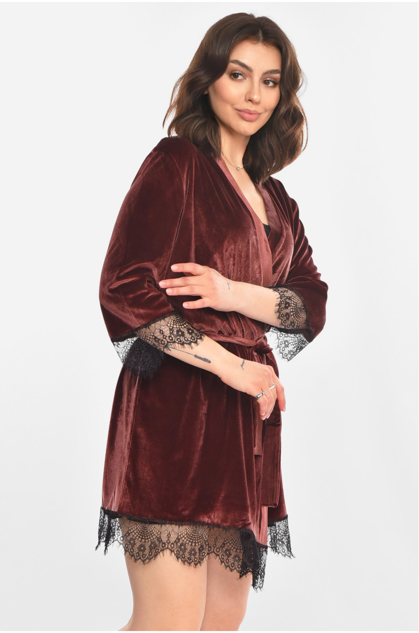 Халат женский полубатальный велюровый шоколадного цвета М08/1 212253