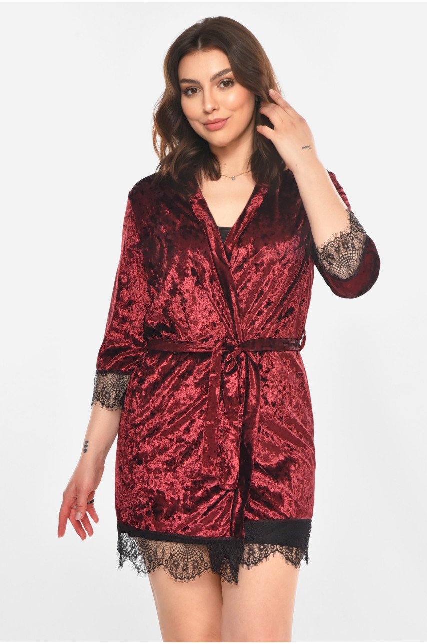 Халат женский велюровый бордового цвета М08 212261