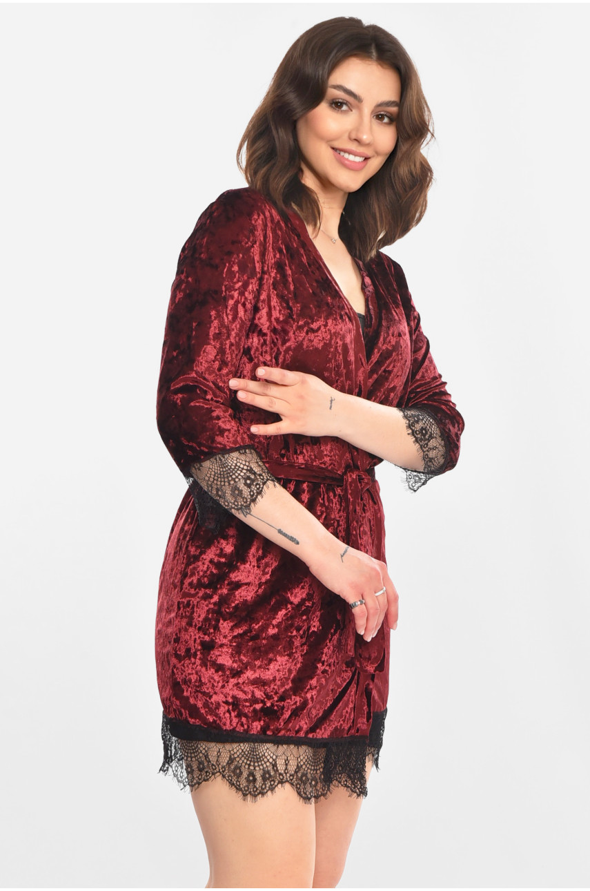 Халат женский велюровый бордового цвета М08 212261