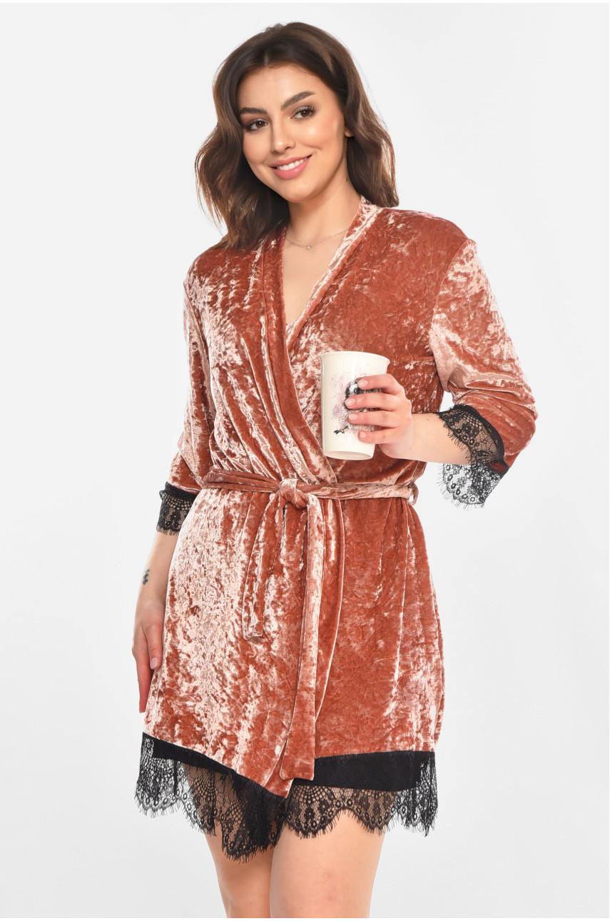 Халат женский велюровый тёмно-розового цвета М06 212274