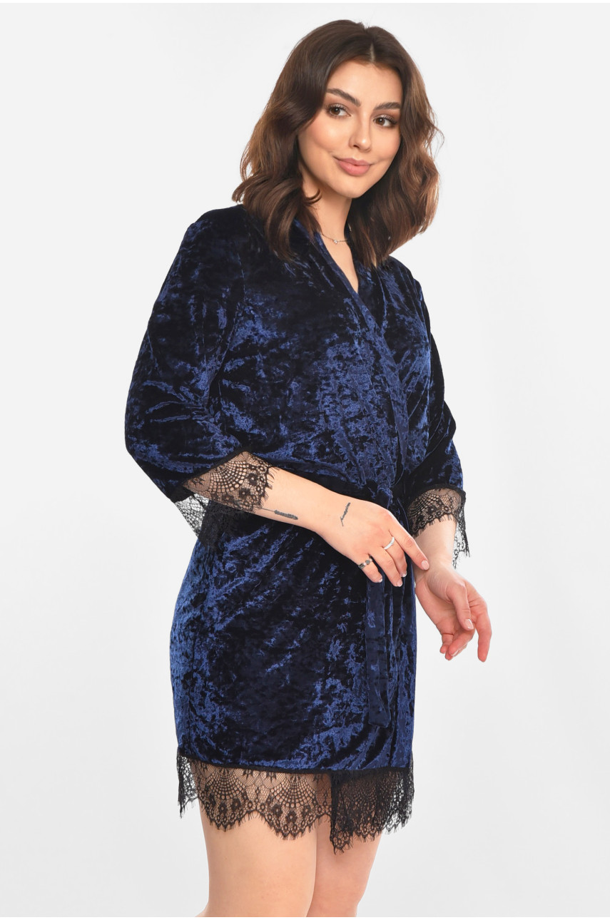 Халат женский велюровый тёмно-синего цвета М06 212276