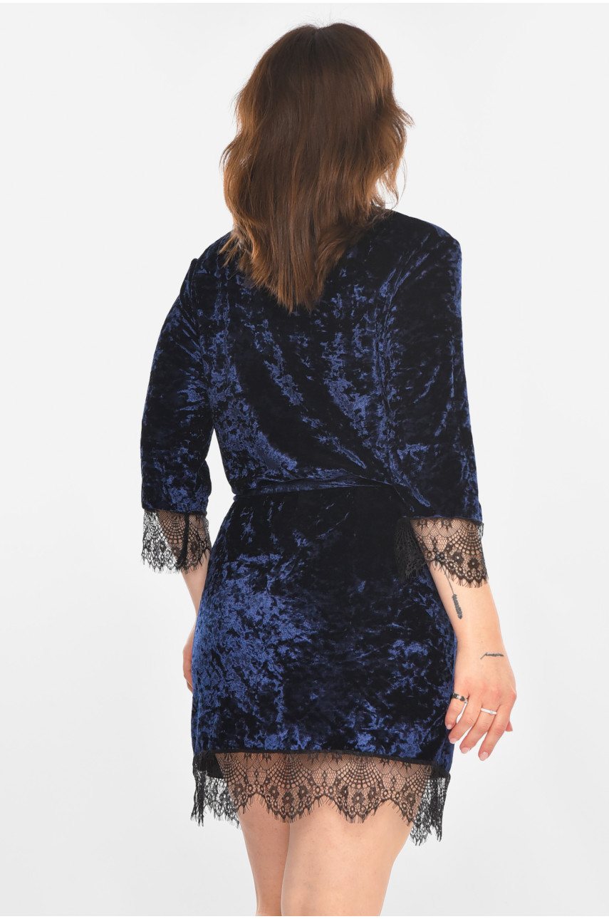 Халат женский велюровый тёмно-синего цвета М06 212276 Халат женский велюровый тёмно-синего цвета М06 212276